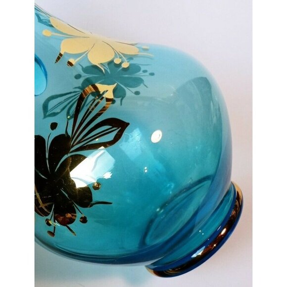 Aqua Blue Romanian Glass Decanter With Gold Floral Design & Handle - Picture 9 of 12